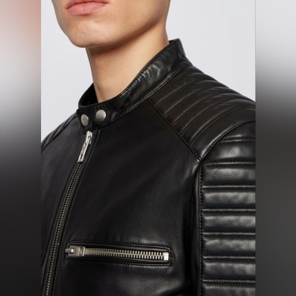 Men’s Black Leather Crew Neck Biker Jacket - Picture 2 of 13